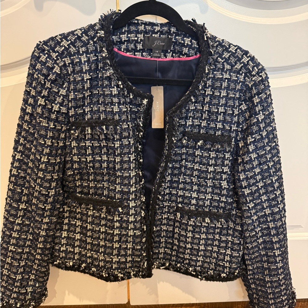 J. Crew Navy and White Tweed Fringed-Edge Boxy Jacket